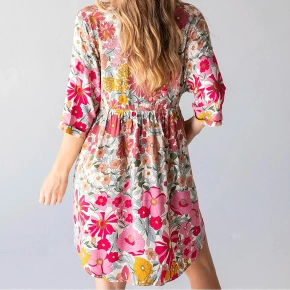 NATURAL LIFE Stella Babydoll Mini Dress Large NWT Pink Floral Boho - Picture 2 of 10
